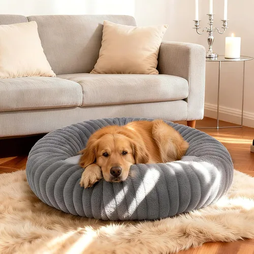 Miniatura 8 de Camas calmantes para perros grandes, cama para perros acolchonada de dona de piel sintética, almohada redonda y esponjosa, cama lavable para Marrón