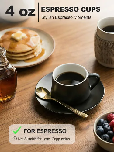 Miniatura 4 de YHOSSEUN Juego de 6 Tazas de Café Espresso de Cerámica, Tazas de Shots de Espresso de 4 Oz con Soporte, Platillos y Cucharas, Tazas Pequeñas de Café