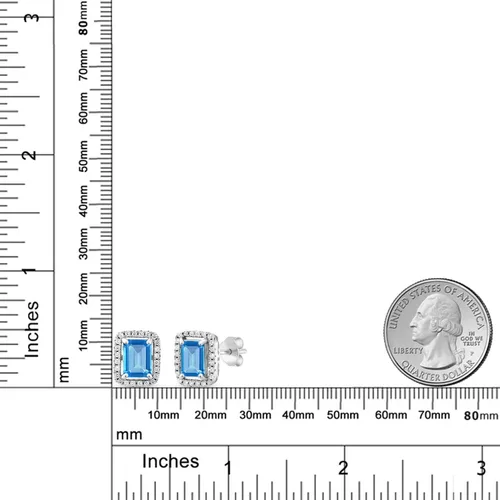 Miniatura 59 de Gem Stone King Aretes de plata de ley 925 con piedra natal Corte esmeralda de 0.315 x 0.236 in Aretes de halo para mujer
