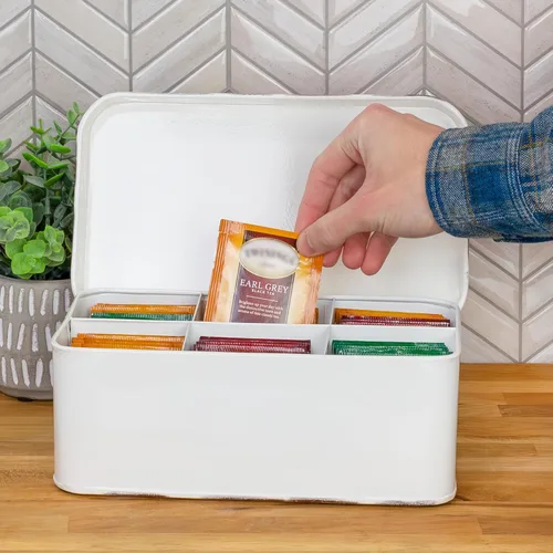Miniatura 2 de AuldHome Farmhouse - Caja de té (blanca), estilo retro vintage esmaltado, lata de almacenamiento de té