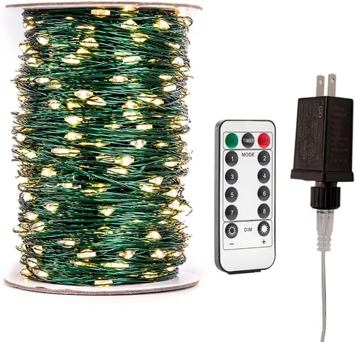 Miniatura 6 de Cadena de luces de hadas enchufables de 66 pies, luces LED de alambre verde blanco cálido de 200 LED con control remoto, 8 modos para sala de estar