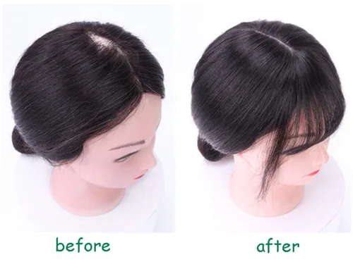Miniatura 6 de LXUE Piezas de cabello realistas con flequillo, cabello humano real con clip para mujeres con pérdida de cabello, 8 pulgadas, marrón oscuro