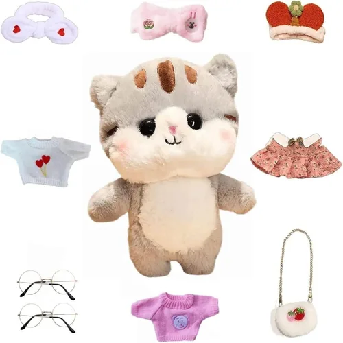 Miniatura 8 de Juguete de peluche de pato con 9 trajes y accesorios para combinar con ropa de vestir para niños (12 pulgadas) (gato gris)
