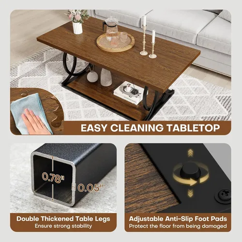 Miniatura 5 de BECHAEO Mesa auxiliar industrial moderna para sala de estar, 41.7 pulgadas, parte superior rectangular de madera gruesa con patas de arco de metal
