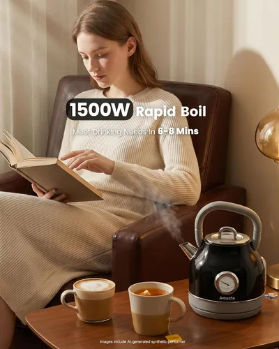 Miniatura 2 de Amaste Hervidor Eléctrico, Hervidor Eléctrico Retro de Té con Termómetro, Hervidor de Agua Caliente de 57 Oz para Café y Té, Acero Inoxidable 304