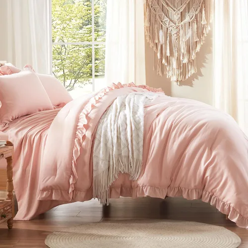 Miniatura 4 de Anluoer - Juego de cama individual con edredón de 5 piezas, rosa en una bolsa con sábanas, juego de ropa de cama de todos los días con volantes