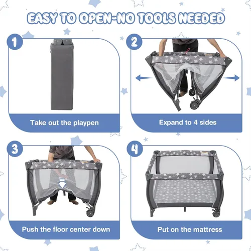 Miniatura 6 de HONEY JOY Pack and Play, corral portátil 3 en 1 para bebé con moisés, mesa de cambio, ruedas con bloqueo, caja de música, cuna de viaje plegable