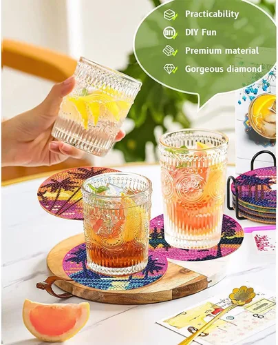 Miniatura 2 de Clendo 8 Piezas de Kits de Posavasos de Pintura de Diamante, Kits de Arte de Diamante de Paisaje DIY con Soporte, Pequeños Kits de Pintura