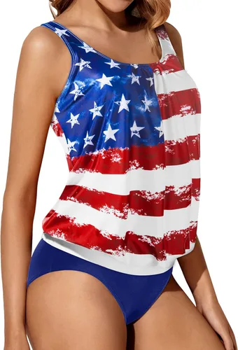 Miniatura 5 de Yonique Trajes de baño estilo tankini con blusón para mujer, de dos piezas, ajuste holgado, sencillo y estampado floral.