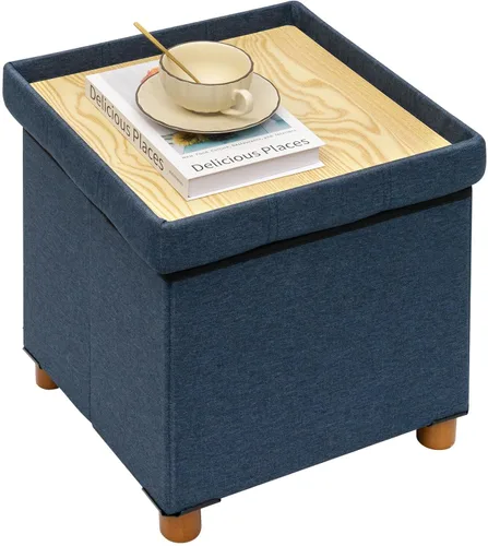 Miniatura 9 de PINPLUS Cubo otomano de almacenamiento, reposapiés de lino blanco con patas de madera, reposapiés de tela plegable, asiento cómodo con tapa, otomana