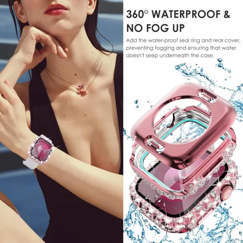 Miniatura 5 de Surace Estuche 2 en 1 impermeable brillante compatible con Apple Watch Series 9/8/7 de 45 mm, protector de pantalla, borde de encaje, diamante