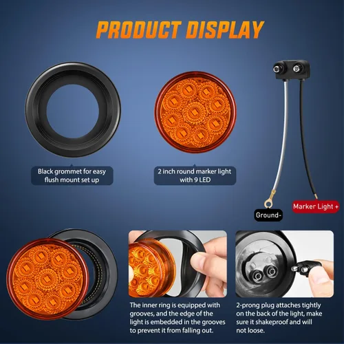 Miniatura 3 de Nilight Luz de Marcador Redonda de 2 Pulgadas 2PCS Ámbar 9LED Luces de Gálibo Montaje Empotrado con Enchufe Ojal Pigtail Cableado Directo para Ámbar