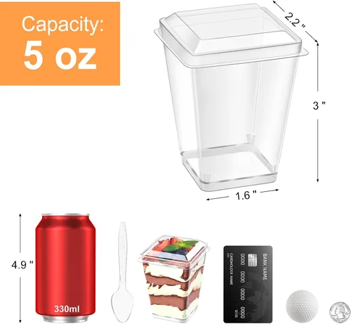Miniatura 2 de Kucoele Paquete de 100 tazas de postre de plástico de 5 onzas con tapas y cucharas, tazas de parfait transparentes, tazas de pudín, mini tazas