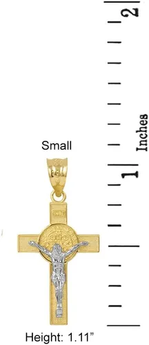 Miniatura 2 de Colgante de cruz de crucifijo de San Benito en dos tonos de oro macizo de 10 quilates (1.10"), Oro amarillo