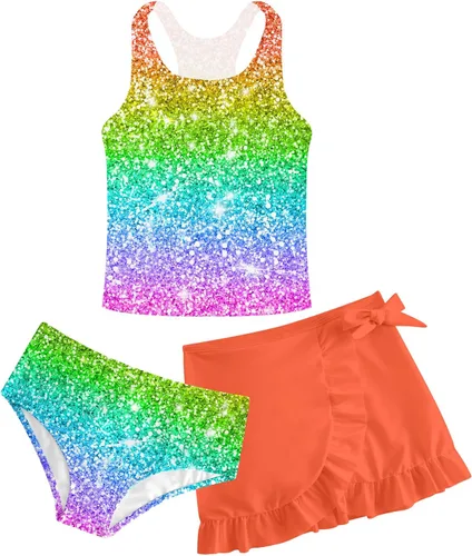 Miniatura 49 de Traje de baño tankini de 3 piezas para niñas, lindo bikini con salida de baño con falda de playa de 5 a 16 años