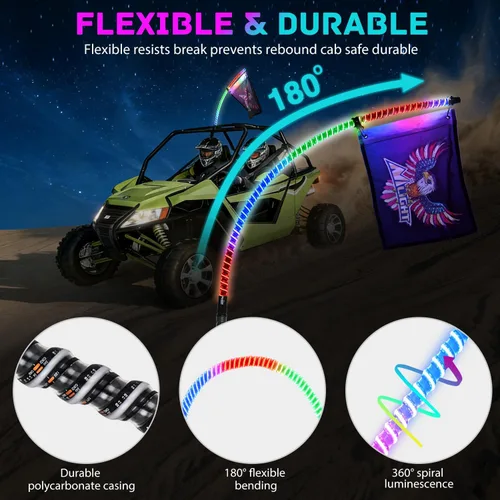 Miniatura 6 de Nilight Luz LED para látigo, 1 antena COB RGB de 2 pies con base de resorte, aplicación Bluetooth y control remoto, patrones de persecución
