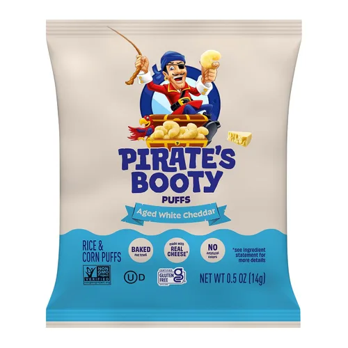 Miniatura 4 de Pirate's Booty Soplados de queso cheddar blanco envejecido, 24 unidades, bolsas de 0.5 onzas, sin gluten, aperitivos saludables para niños