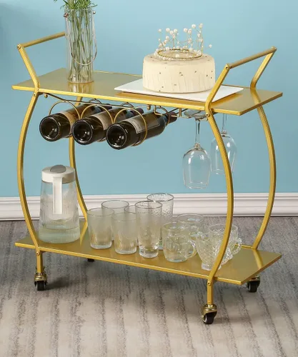 Carrito de bar dorado con estante para vino, carrito de cocina rodante de 2 niveles, carrito de café portátil de metal moderno para el hogar,