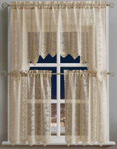 Miniatura 2 de Warm Home Designs El paquete de 3 cortinas de lino dorado para ventana de cocina incluye 2 niveles de 24 pulgadas y cenefa con festón. Juego