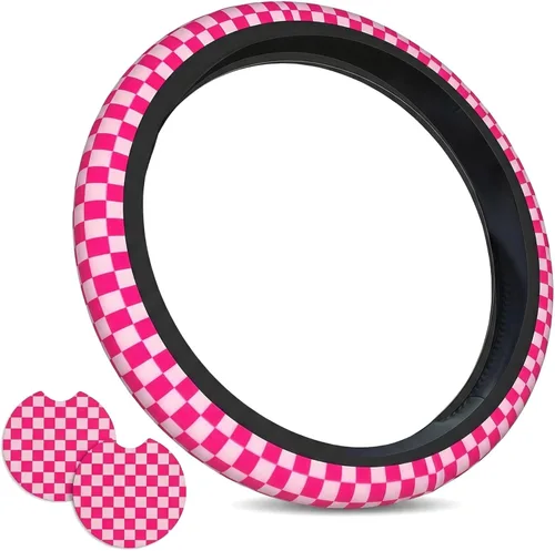 Miniatura 12 de Funda para volante de automóvil de 15 pulgadas y 2 posavasos de automóvil a cuadros Funda de volante a cuadros color negro marrón antideslizante