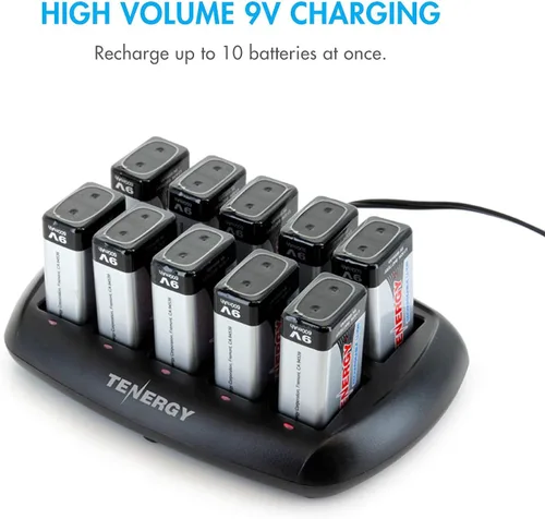 Miniatura 2 de Tenergy Baterías 9V 600mAh 10PCS Li-ion 9 voltios baterías recargables con 10 ranuras Li-ion 9V cargador de batería para alarma de humo/detector
