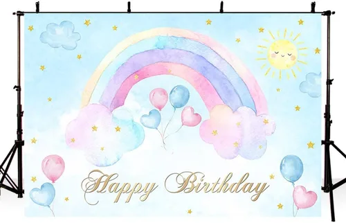 AIBIIN Telón de fondo de feliz cumpleaños arcoíris de 7 x 5 pies para niñas, globos de nube rosa y azul, fondo de fotografía, decoración de fiesta