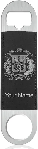 Miniatura 12 de LaserGram Abrebotellas, escudo de armas República Dominicana, grabado personalizado incluido (cuero sintético, negro y dorado)