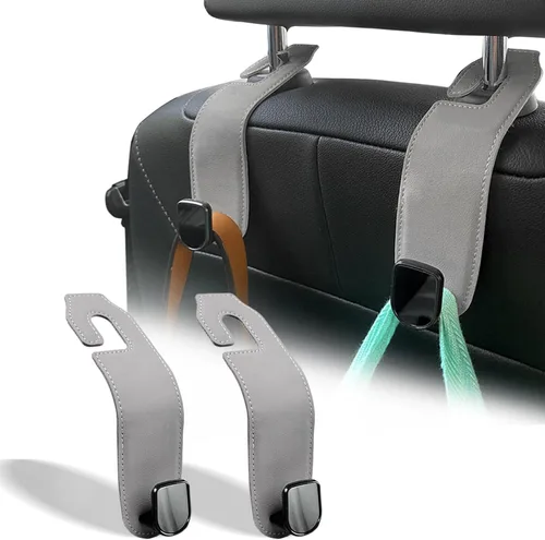 Miniatura 11 de Gancho para reposacabezas de asiento de automóvil, paquete de 2 ganchos de cuero para bolsos y bolsas para colgar accesorios de organización de Negro