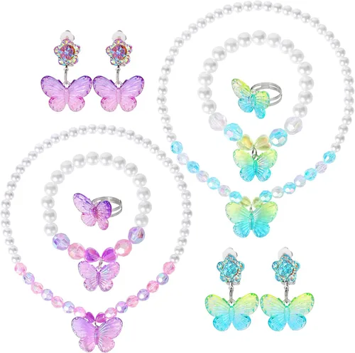 Miniatura 8 de 2 juegos de joyería de princesa para niñas pequeñas, juego de joyería de mariposa para niños, collares elásticos, pulseras, anillos y pendientes