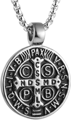 Miniatura 2 de AsAlways Collar con colgante de exorcismo de San Benito para hombre de acero inoxidable con cruz católica romana protección de demonios cazador
