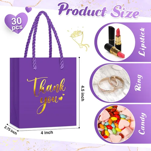 Miniatura 3 de Honoson 30 mini bolsas de regalo con asa de 4 x 2.75 x 4.5 pulgadas, pequeña bolsa de agradecimiento para boda, baby shower, cumpleaños, graduación