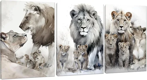Miniatura 9 de 3 piezas modernas de lienzo de león de animales salvajes, pinturas de retratos de familia de leones, decoración de pared, obras de arte de sala