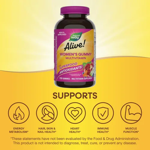 Miniatura 4 de Nature's Way Alive! Multivitaminas diarias de gomitas para mujer, 16 vitaminas y minerales, metabolismo energético*, piel y uñas, vegetariano, sabor