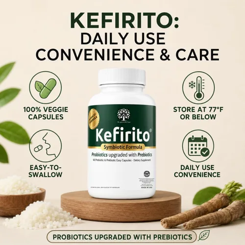 Miniatura 7 de Kefirito Daily Symbiotic Formula – Suplemento diario probiótico + prebiótico, 60 cápsulas – Absorción equilibrada de nutrientes y apoyo de comodidad