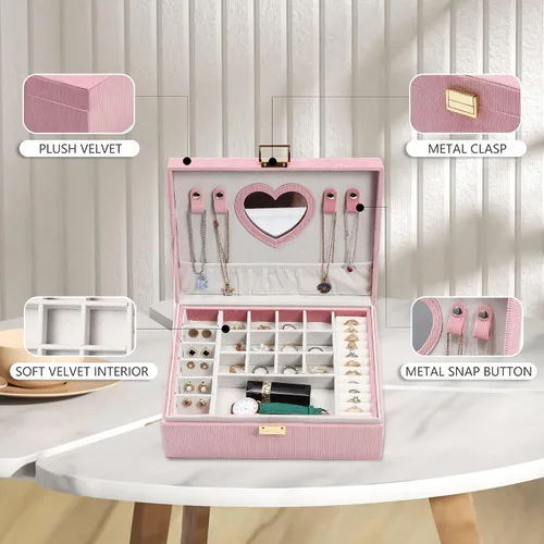 Miniatura 6 de Dajasan Cajas de joyería para mujeres y niñas, caja organizadora de joyas, organizador de joyas de terciopelo grande de 2 capas para anillos