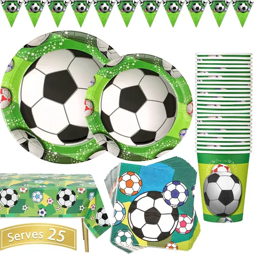 Soccer Party Supplies - Juego de vajilla de papel de cumpleaños de 102 piezas con temática deportiva para niños, incluye platos de 9 pulgadas,