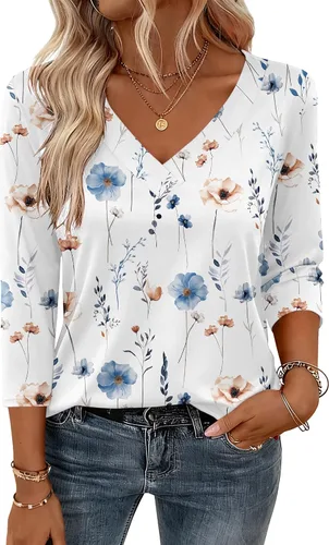 Miniatura 13 de Zeagoo Camisetas de manga 3/4 para mujer, cuello en V, blusa casual elegante, camisetas básicas 2026, ropa de moda S-2XL