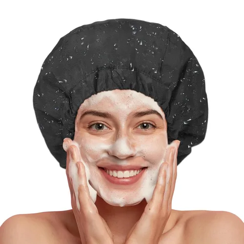 Miniatura 7 de Gorro de ducha para mujer, gorro de baño negro, reversible, grande, impermeable, ajustable, forro de rizo y banda elástica, dobladillo elástico
