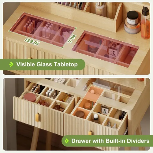 Miniatura 6 de GOODONE Tocador acanalado con luces de bombilla de espejo, escritorio de maquillaje con 2 cajones y estantes de almacenamiento, escritorio de Roble