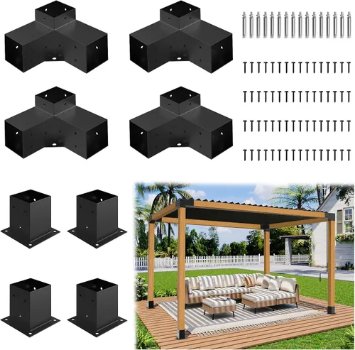 Miniatura 9 de JEXALINE Kit de pérgola de acero de aleación pesada con soportes en forma de T de 3 vías para madera de 4 x 4 pulgadas (real 3.6 x 3.6 pulgadas)