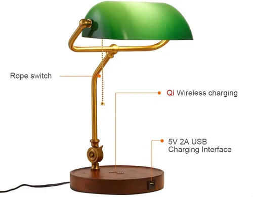Miniatura 4 de Hsyile KU300237 Lámpara de mesa retro con interruptor de cuerda con puertos de carga USB, con pantalla de cristal retro verde para sala de estar
