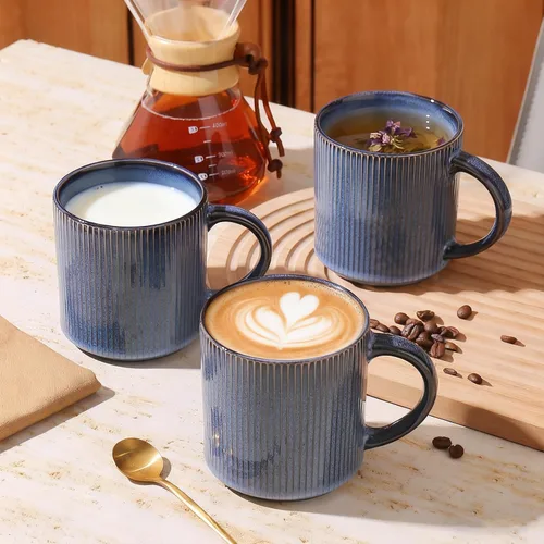 Miniatura 7 de MONITO Juego de 6 Tazas de Café de 16 Oz, Juego de Tazas de Café de Cerámica Rústica con Mango Grande, Vintage, Tazas de Café de Gres Rayadas