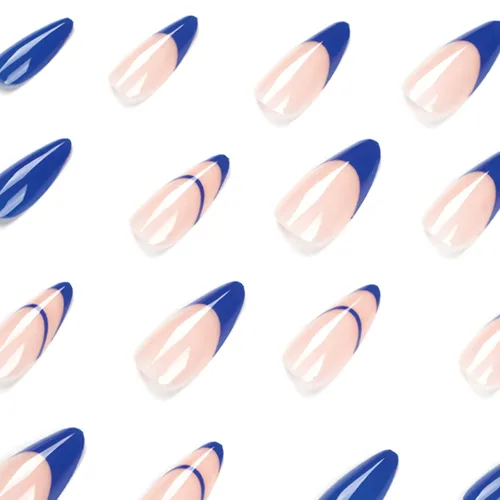 Miniatura 3 de BABALAL Uñas postizas a presión de almendra, uñas postizas de longitud media, uñas acrílicas brillantes, color azul, francesas, con pegamento, 24