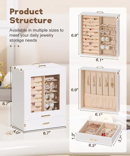Miniatura 4 de Homde Organizador de joyas para niñas y mujeres, joyero para collares, anillos, aretes, regalo de Navidad, pulseras (blanco + dorado)