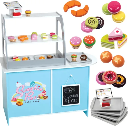 Juego de madera para panadería, soporte de simulación para niños, 25 piezas para pastelería, mostrador de café con alimentos, donas, pasteles,