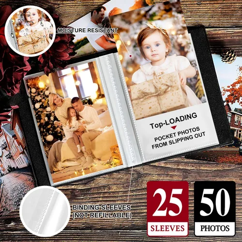 Miniatura 5 de Lanpn Álbumes de fotos pequeños de 4 x 6 pulgadas, 50 imágenes, paquete de 2 unidades, mini capacidad de lino Our Memories, juego de bolsillos
