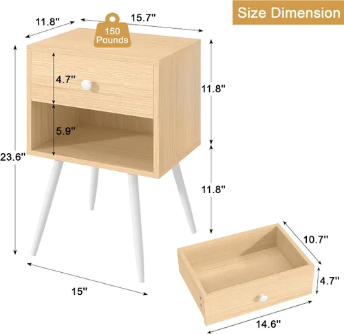 Miniatura 2 de VECELO Juego de 2 mesitas de noche, mesa de noche moderna de mediados de siglo, mesita de noche con cajón de almacenamiento y estante abierto de 2