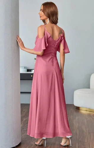 Miniatura 2 de RYANTH Women's Cold Shoulder Bridesmaid Dresses Long Summer Side Slit Chiffon Formal Evening Gown with Pockets RYZ95