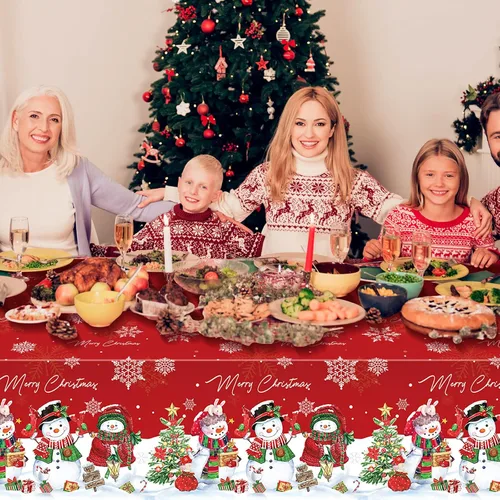 Miniatura 6 de FunnyPars 3 piezas manteles de muñeco de nieve navideños de plástico, cubierta de mesa de invierno con copos de nieve y árbol de Navidad