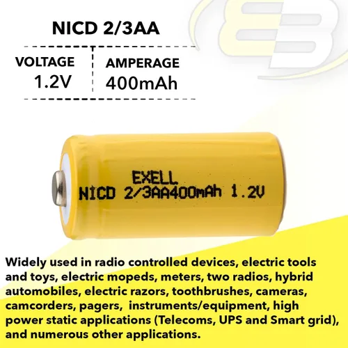 Miniatura 3 de Exell Battery Paquete de 5 baterías recargables AA NiMH de 1.2 V 2/3 400 mAh AA NiMH compatibles con registradores de datos industriales